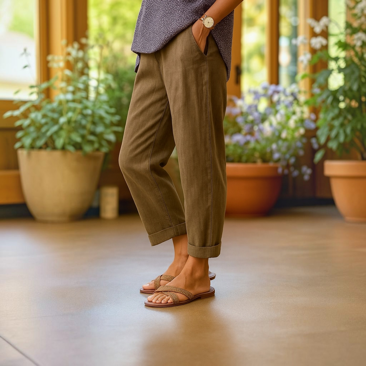 Lightweight Linen Blend Trousers with Hidden Pockets and Straight Leg, Travel Ready