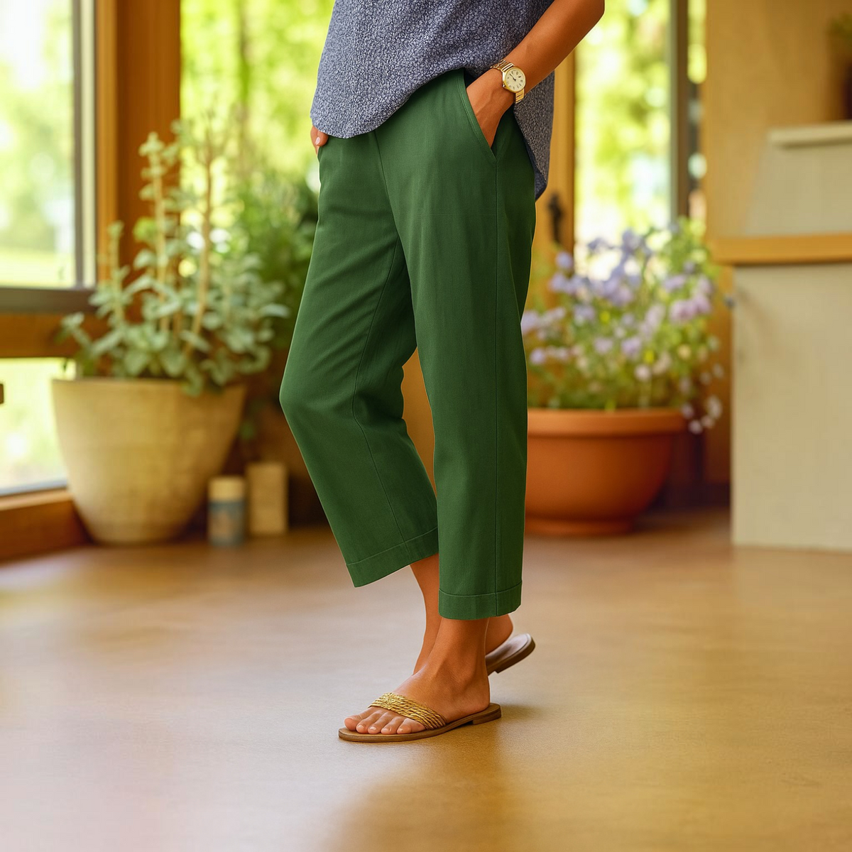 Lightweight Linen Blend Trousers with Hidden Pockets and Straight Leg, Travel Ready