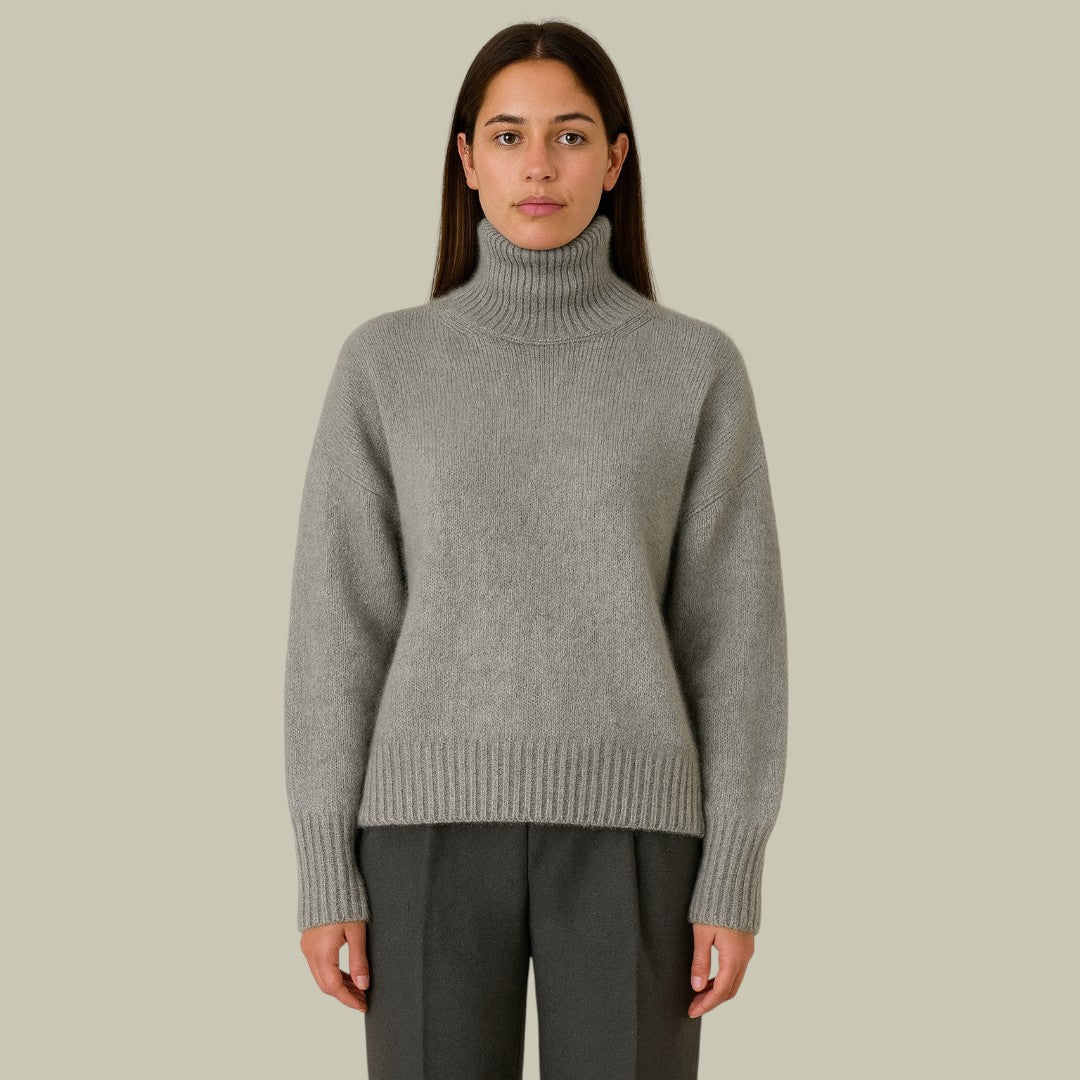 Womens Merino Wool Sweater with High Neck and Relaxed Silhouette, Soft Blend