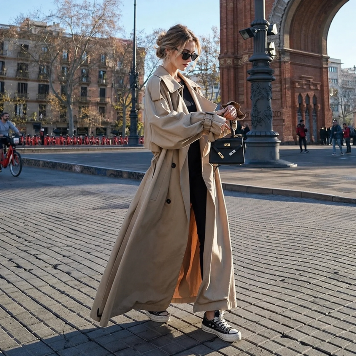 Double Breasted Long Maxi Trench Coat with Waist Belt for Women
