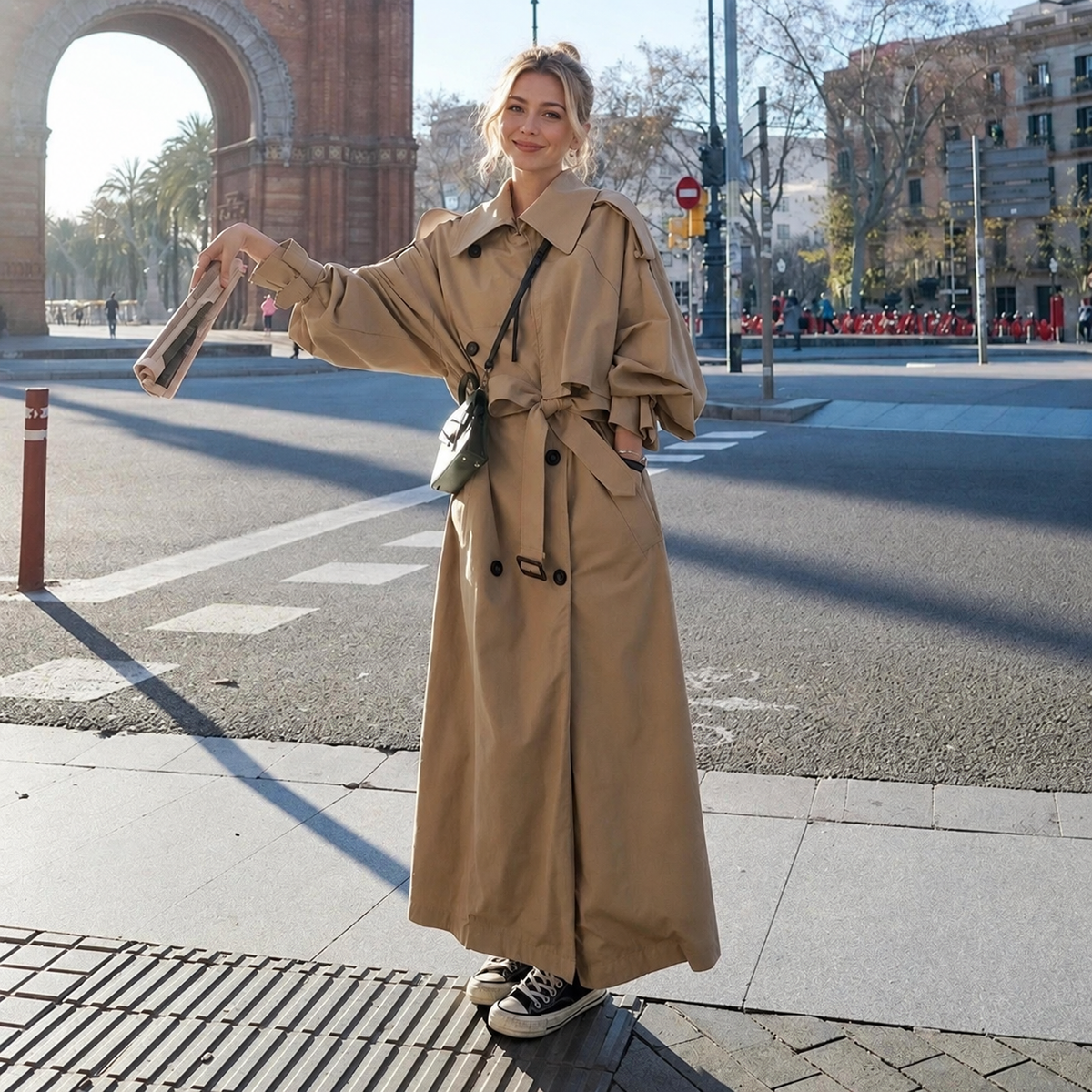 Double Breasted Long Maxi Trench Coat with Waist Belt for Women