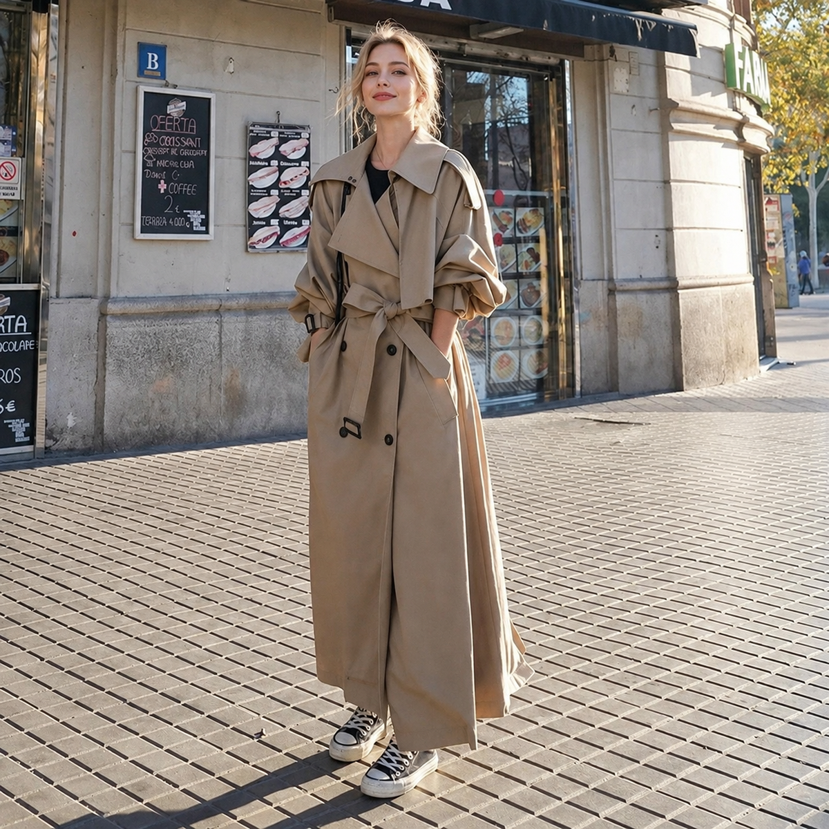 Double Breasted Long Maxi Trench Coat with Waist Belt for Women