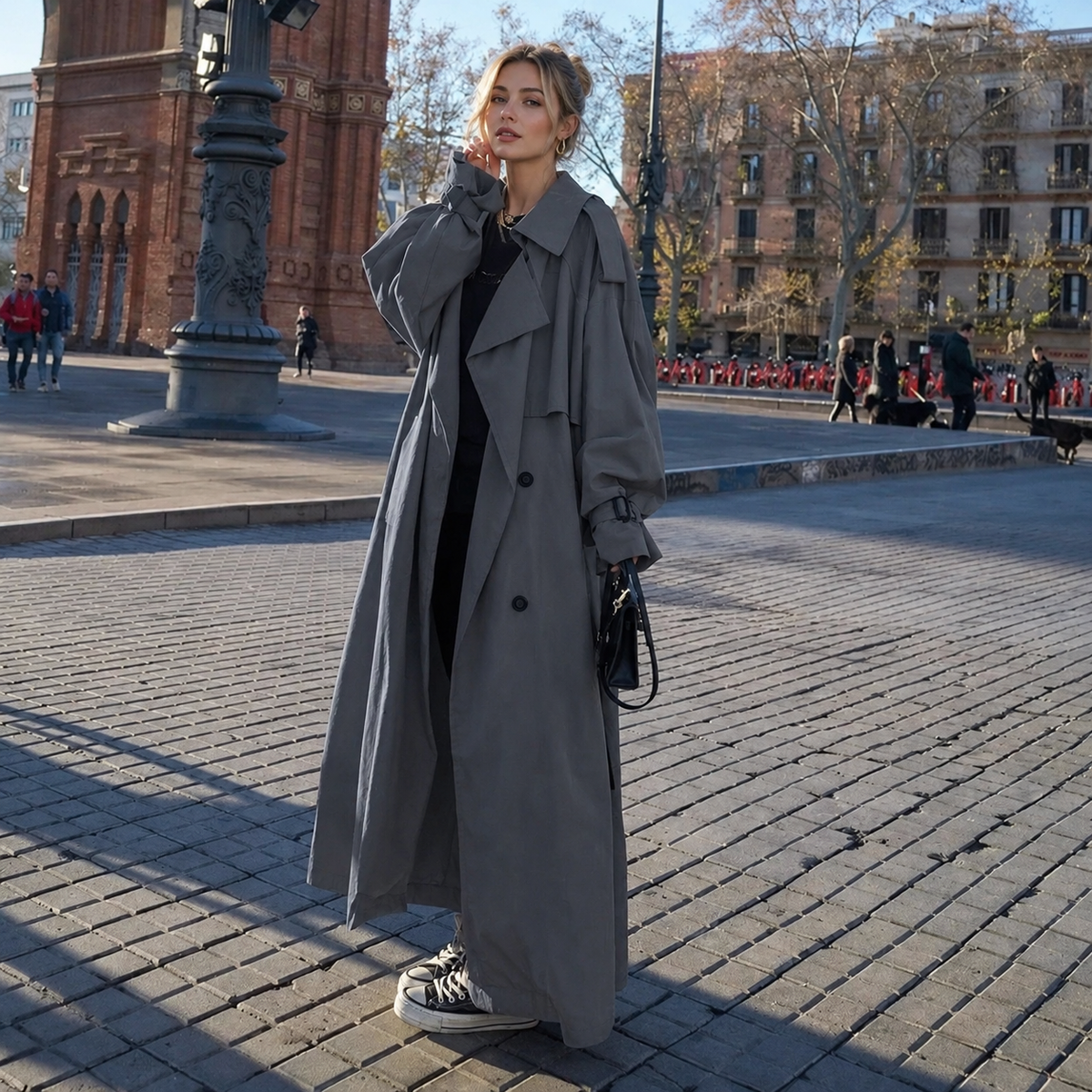 Double Breasted Long Maxi Trench Coat with Waist Belt for Women