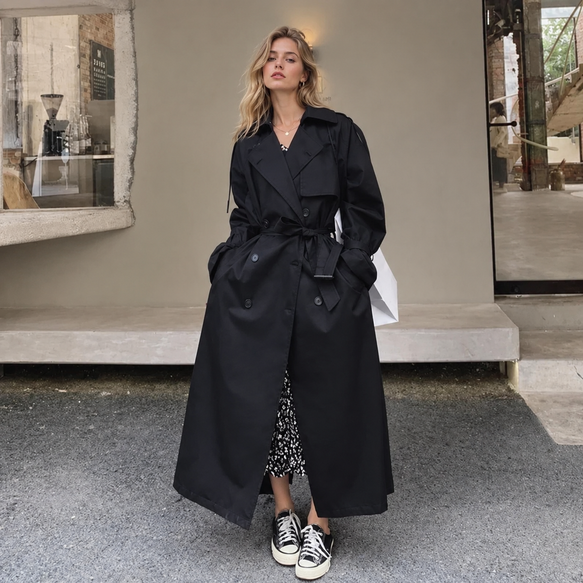 Double Breasted Long Maxi Trench Coat with Waist Belt for Women