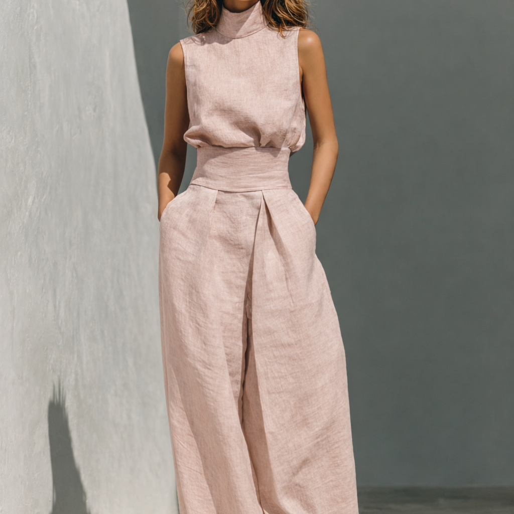 Cotton Linen Two Piece Set with Camisole Top and Wide Leg Pants