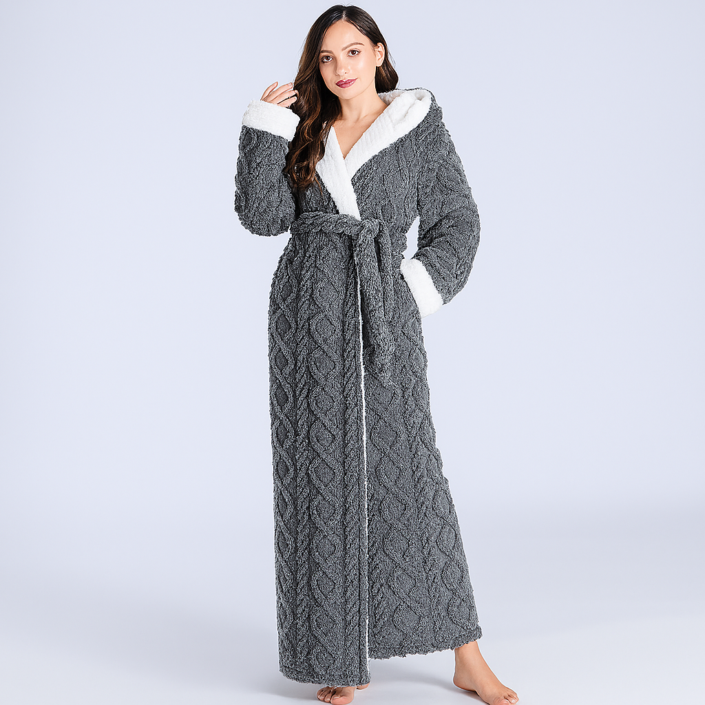 Womens Hooded Flannel Bathrobe with Plush Coral Fleece and Ankle-Length Coverage