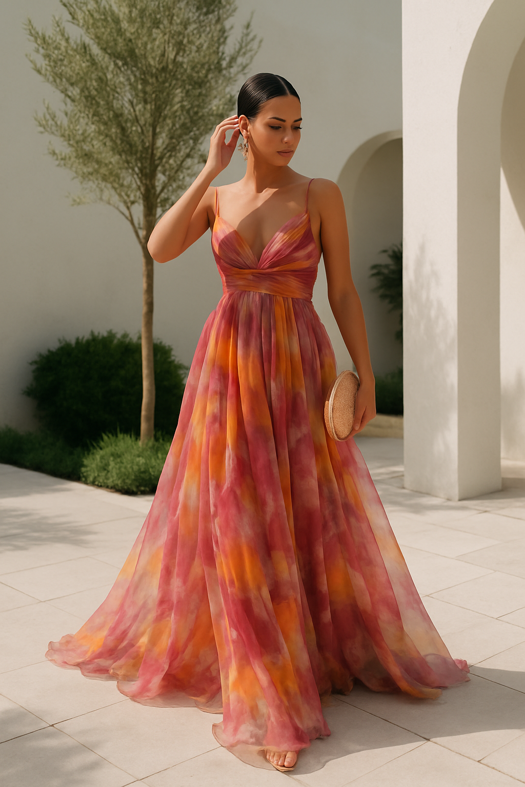 Women's Maxi Dress – Multicolor, Thin Straps, V-Neck, Fluid Silhouette