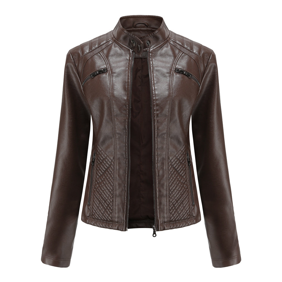Womens Faux Leather Biker Jacket with Quilted Shoulders and Tailored Fit, Zip Pockets