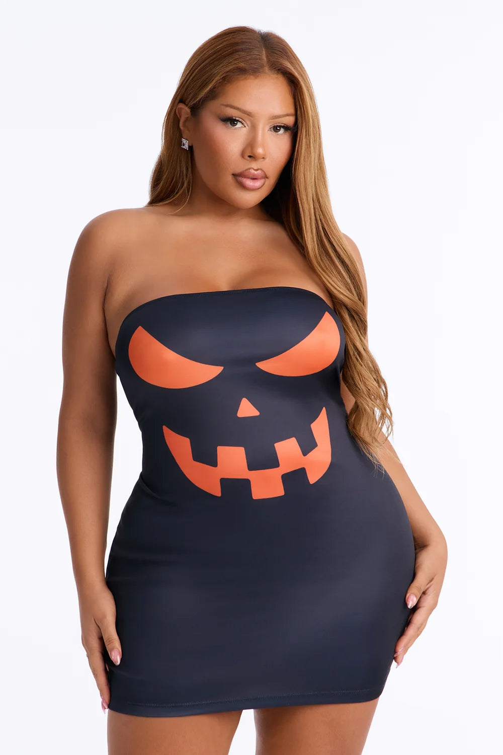 Womens Jack O Lantern Graphic Strapless Mini Dress with Bodycon Fit