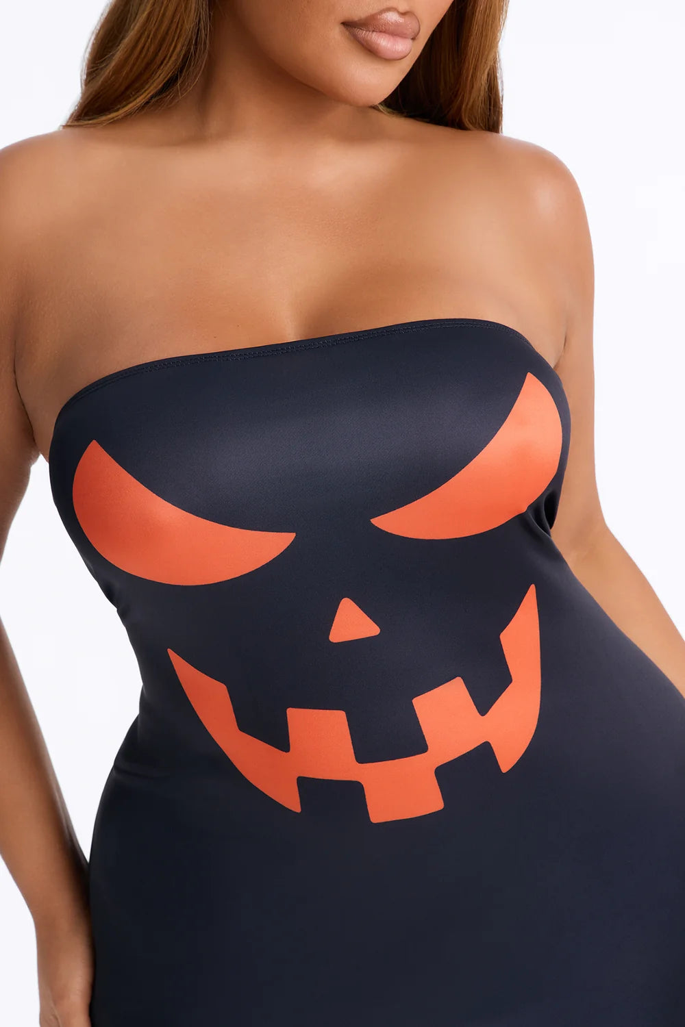Womens Jack O Lantern Graphic Strapless Mini Dress with Bodycon Fit