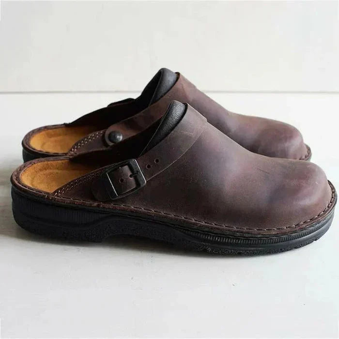 Leather Slip-On Clogs with Cushioned Thick Sole and Removable Padded Insole, Backless