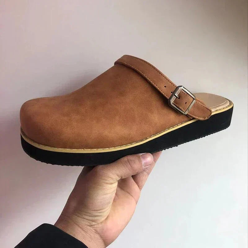 Leather Slip-On Clogs with Cushioned Thick Sole and Removable Padded Insole, Backless