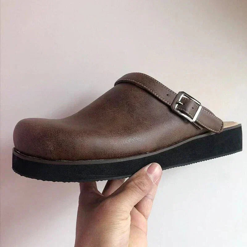 Leather Slip-On Clogs with Cushioned Thick Sole and Removable Padded Insole, Backless