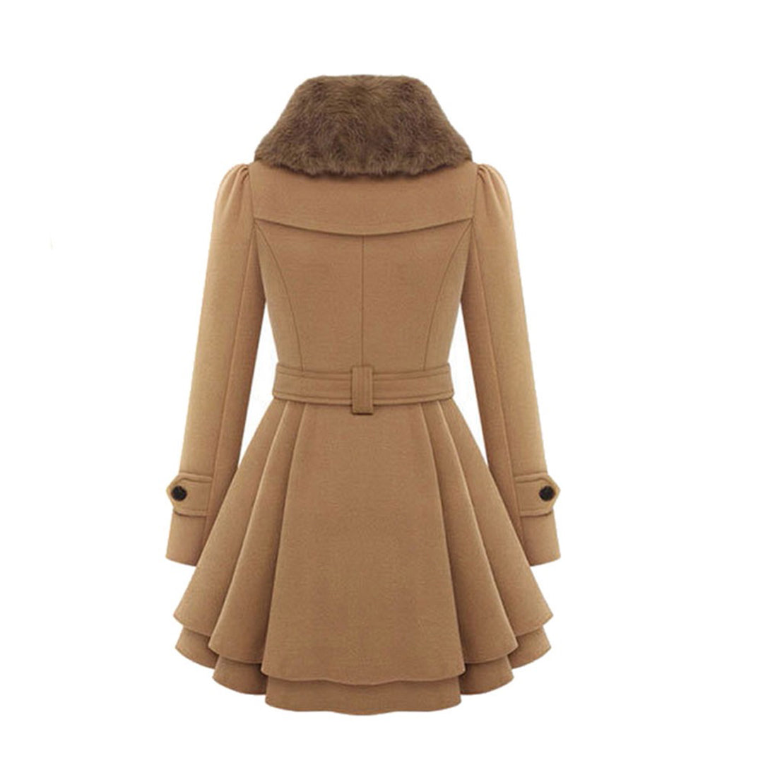 Womens Short Dress Coat with Faux Fur Collar and Adjustable Waist Tie