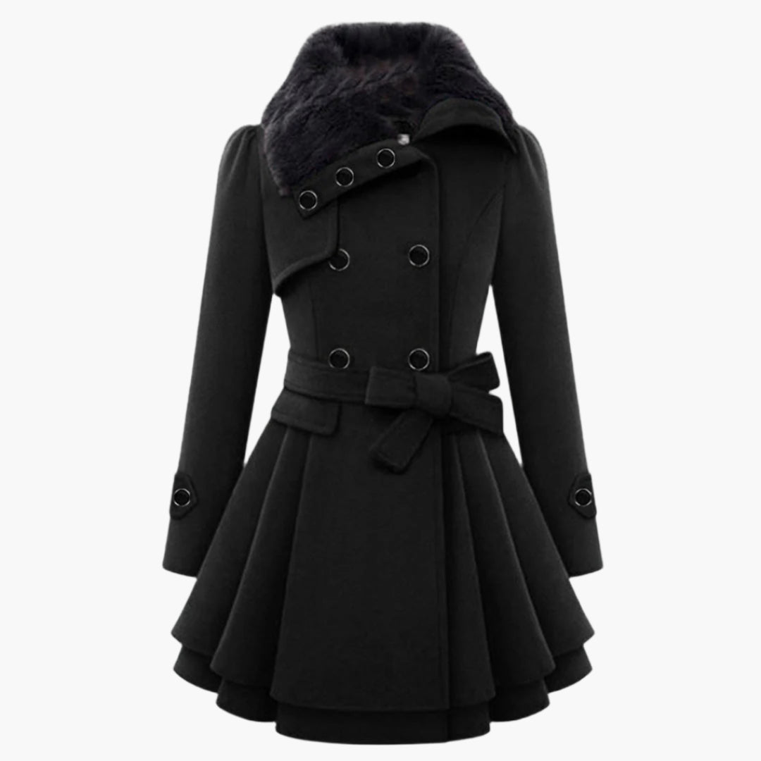 Womens Short Dress Coat with Faux Fur Collar and Adjustable Waist Tie