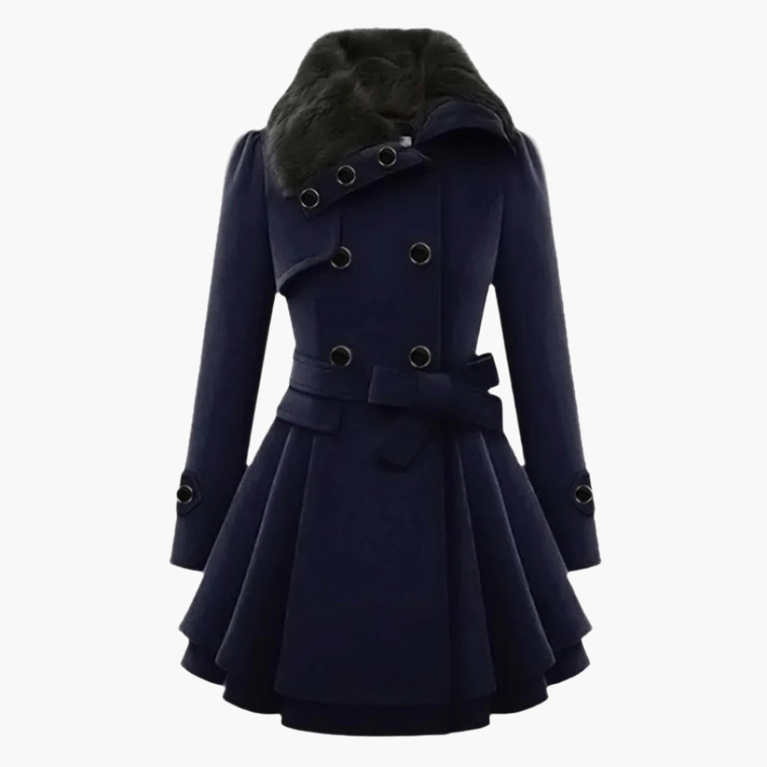 Womens Short Dress Coat with Faux Fur Collar and Adjustable Waist Tie