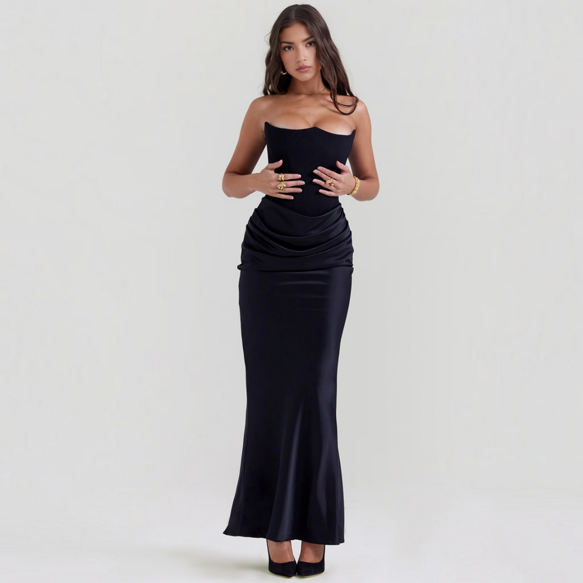 Strapless Corset Maxi Dress with Bodycon Silhouette and Floor-Length Design