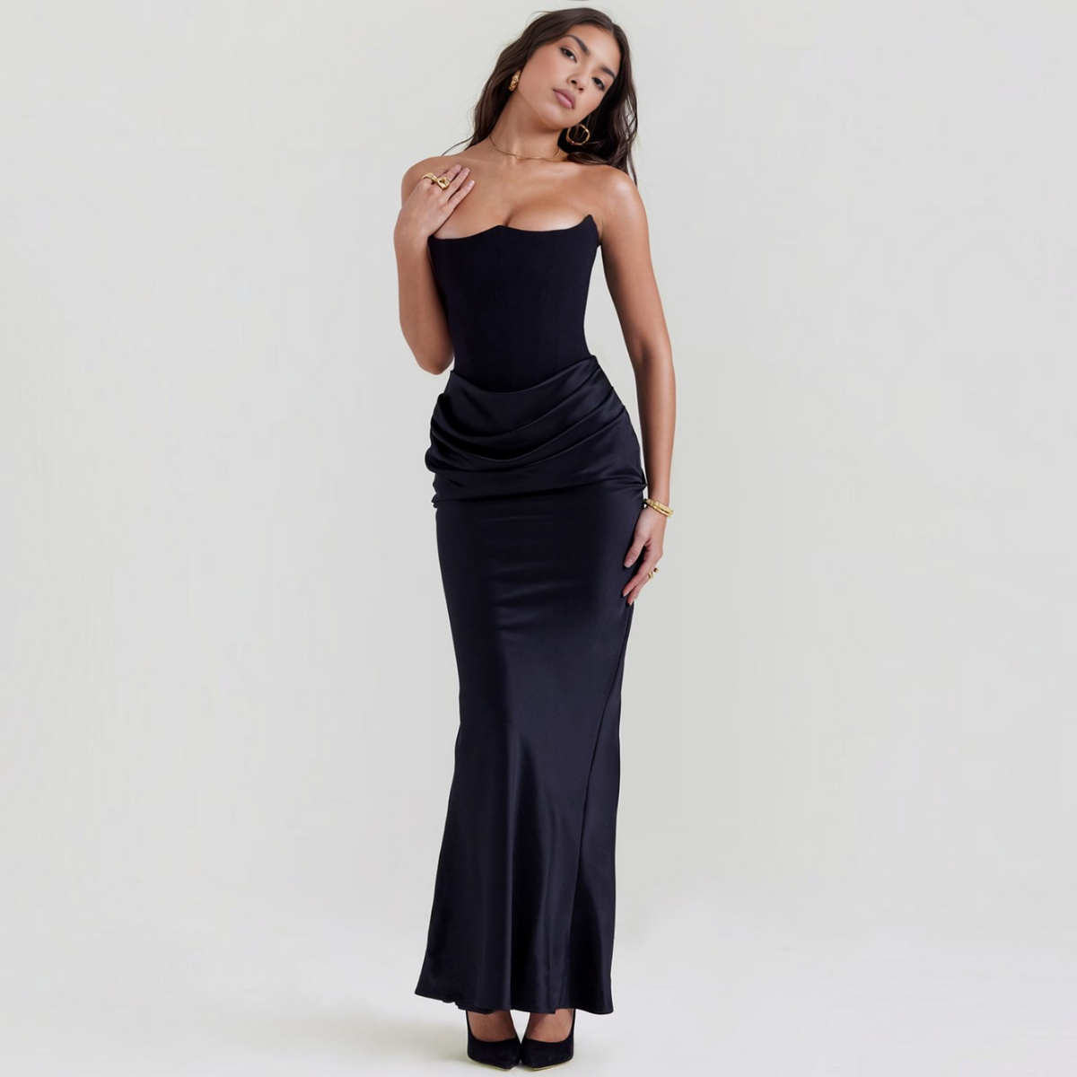 Strapless Corset Maxi Dress with Bodycon Silhouette and Floor-Length Design