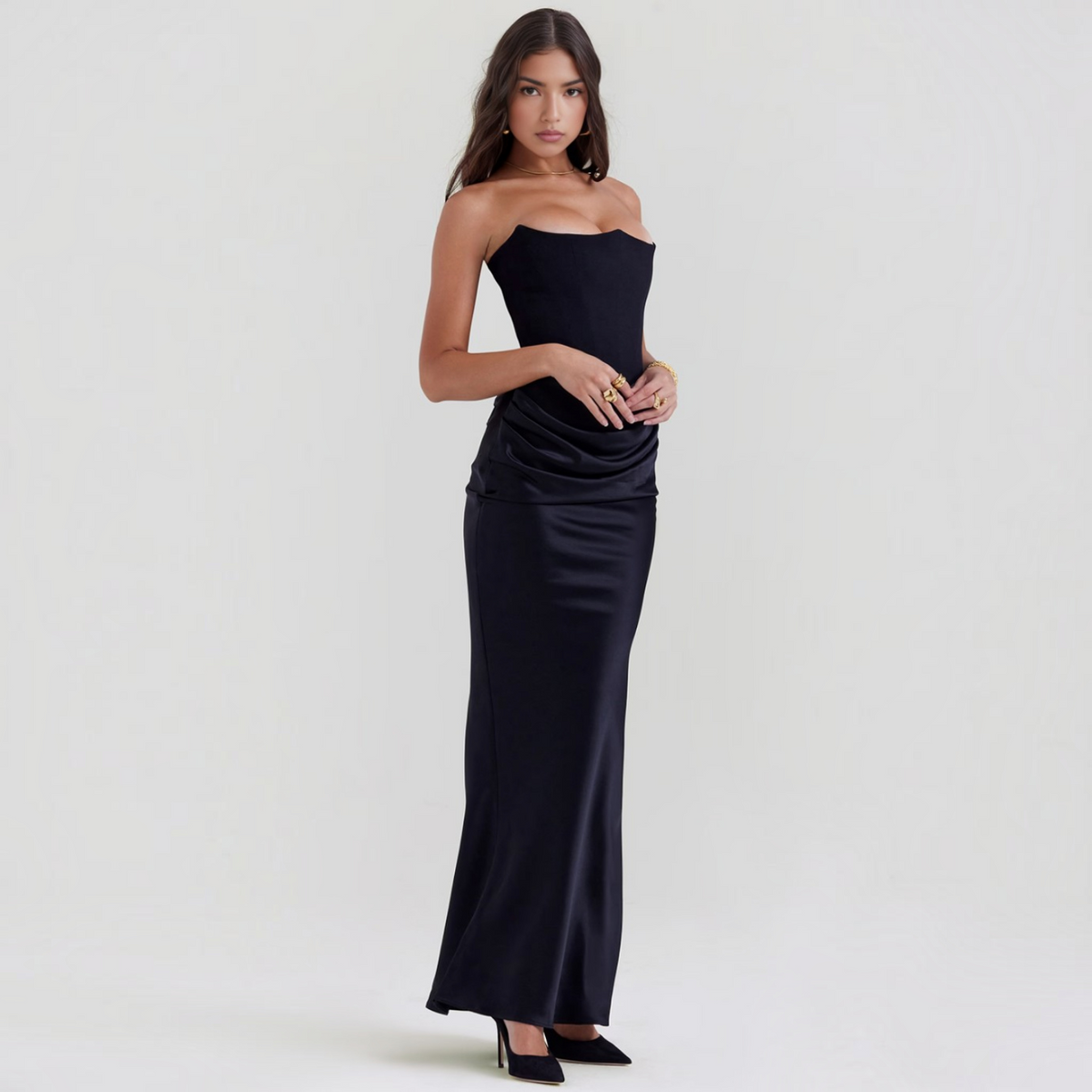 Strapless Corset Maxi Dress with Bodycon Silhouette and Floor-Length Design