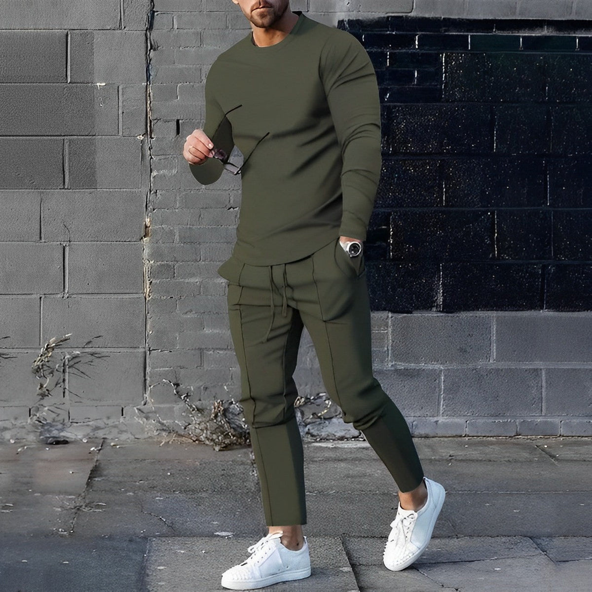 Mens Two-Piece Loungewear Set with Long-Sleeve Top and Jogger Pants, Relaxed Fit