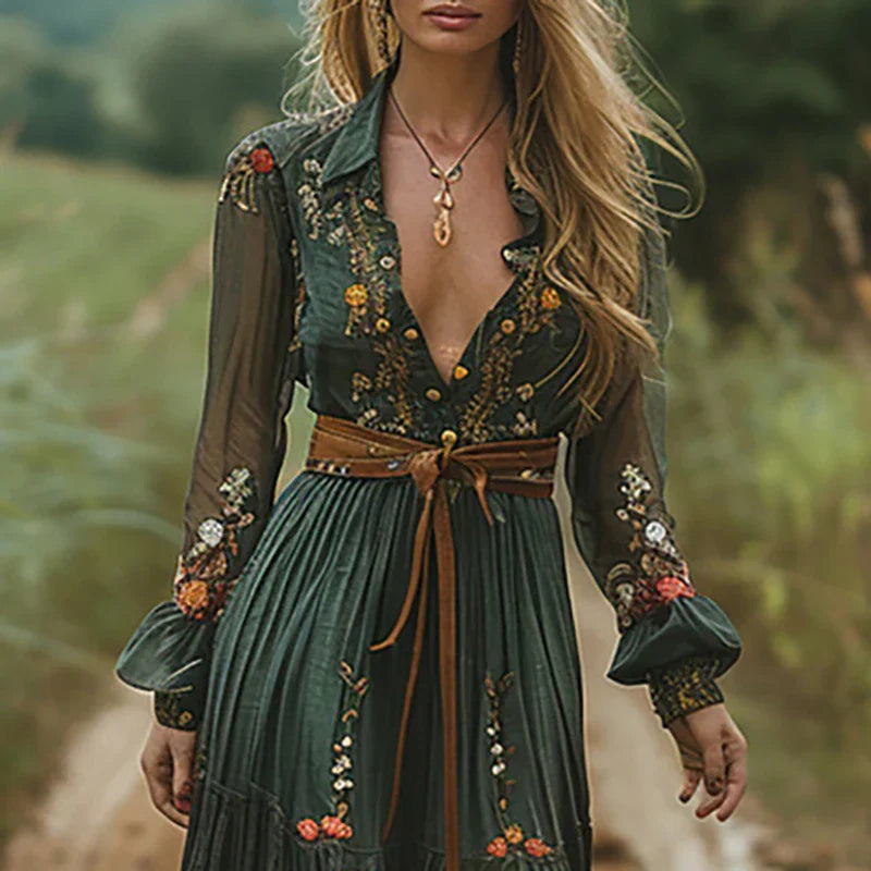 Floral Maxi Dress with Pleated Silhouette and Button-Front Closure, Shirt Collar