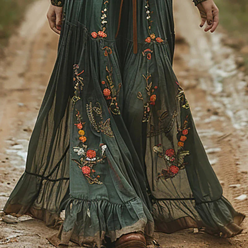Floral Maxi Dress with Pleated Silhouette and Button-Front Closure, Shirt Collar