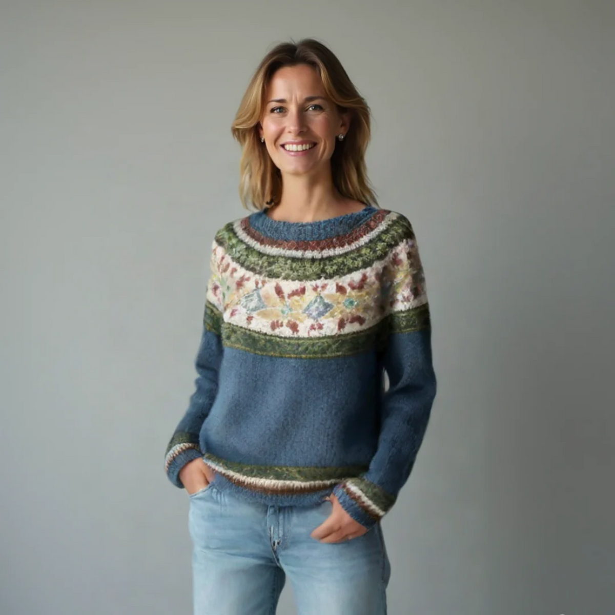 Multicolor Nordic-Inspired Sweater with Boat Neckline and Relaxed Fit