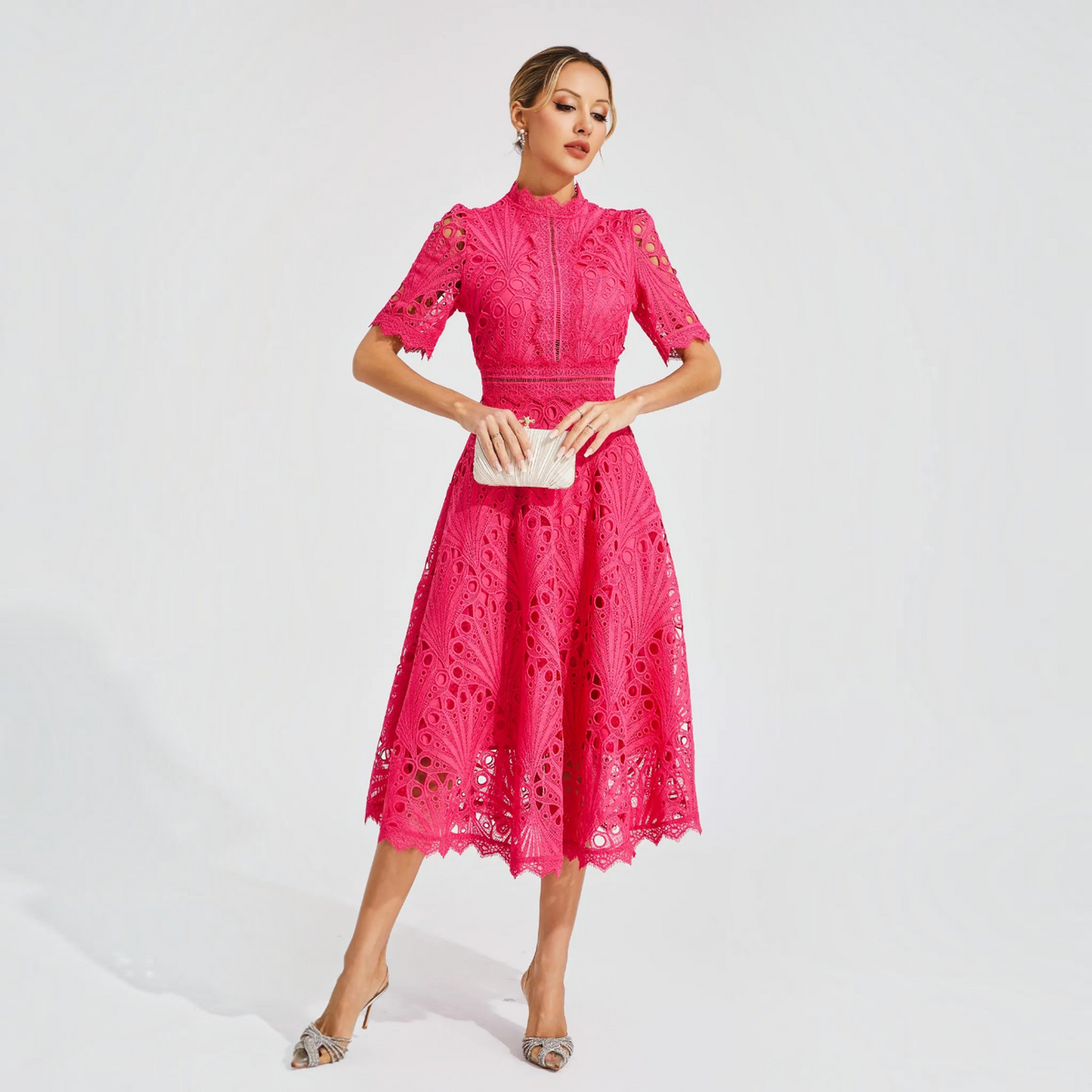 Lace Midi Dress with Scoop Neck and Lightweight Lining, Back Zipper