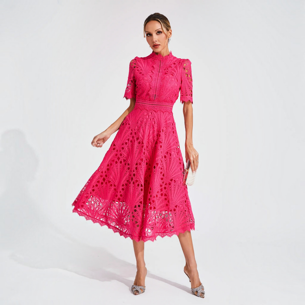 Lace Midi Dress with Scoop Neck and Lightweight Lining, Back Zipper