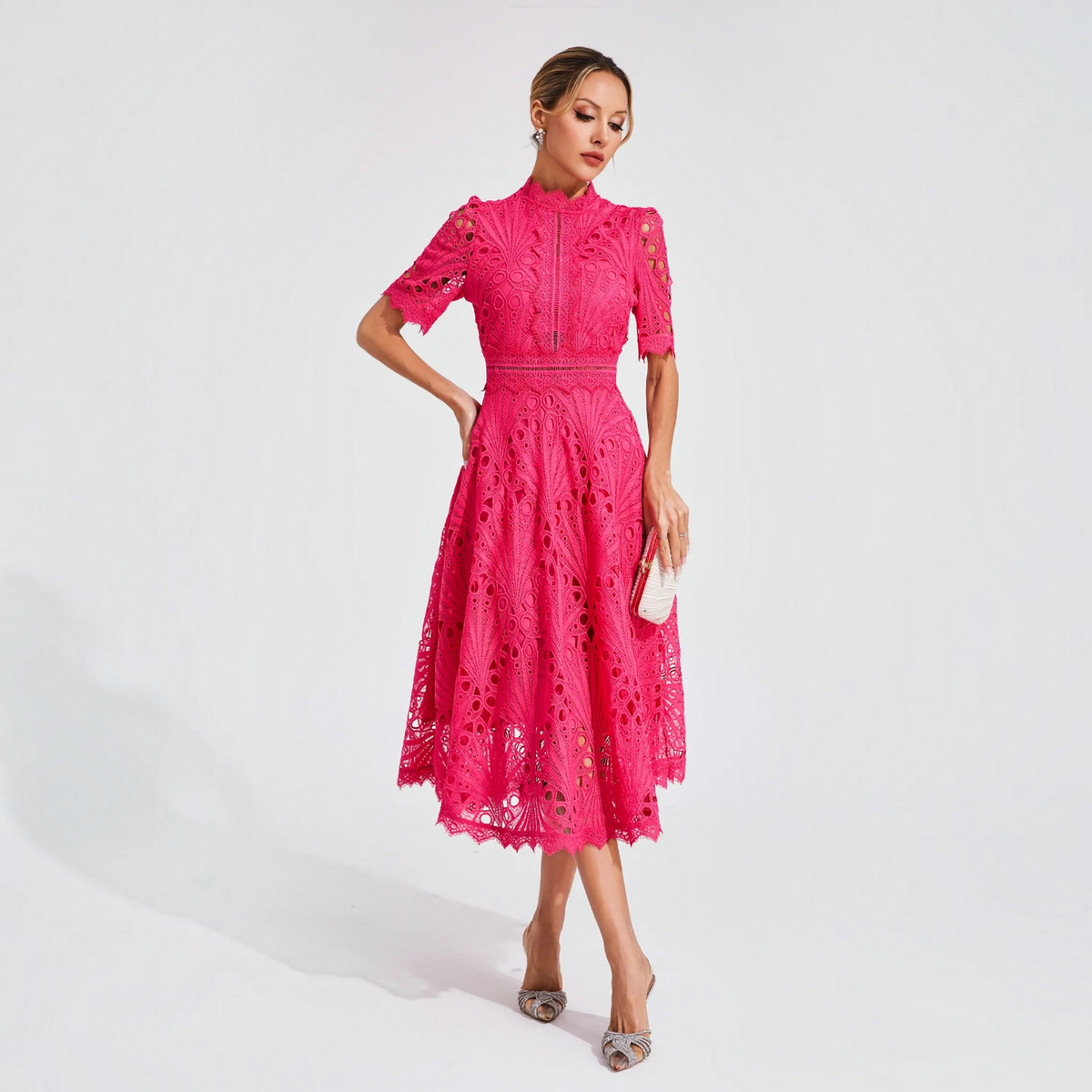 Lace Midi Dress with Scoop Neck and Lightweight Lining, Back Zipper