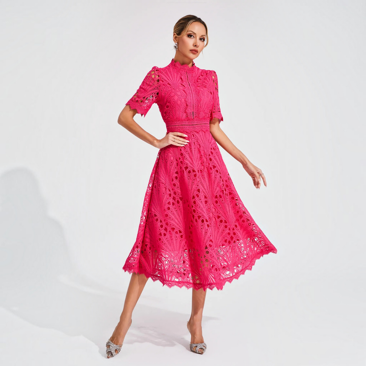 Lace Midi Dress with Scoop Neck and Lightweight Lining, Back Zipper