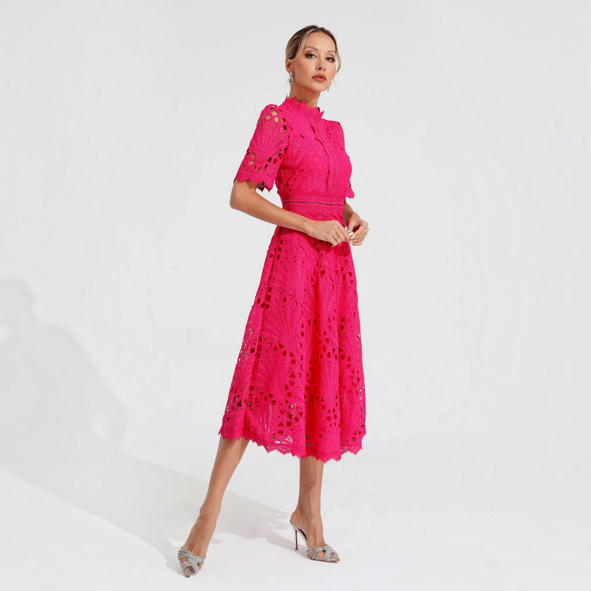 Lace Midi Dress with Scoop Neck and Lightweight Lining, Back Zipper