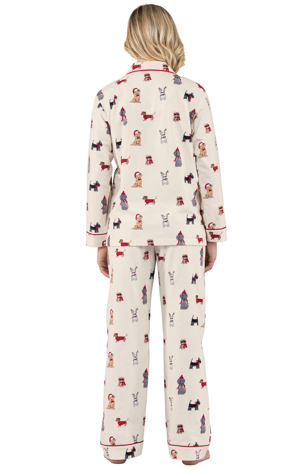 Flannel Pajama Set with Dog Print and Notch Collar, Drawstring Waist