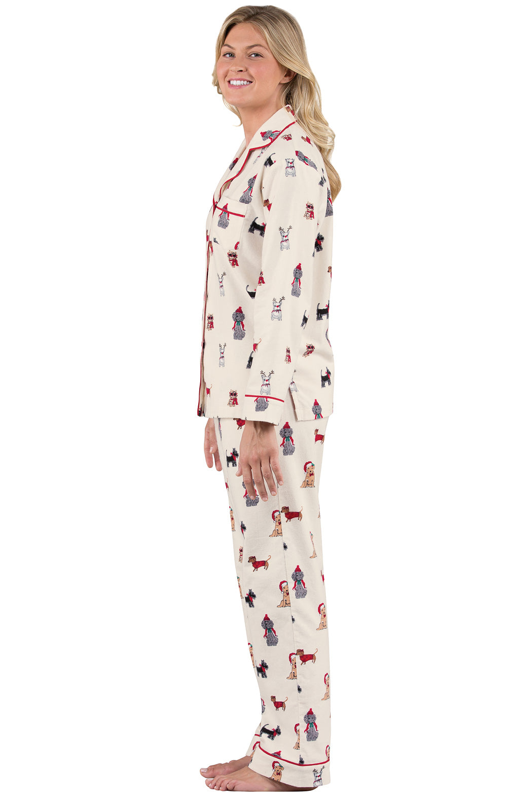 Flannel Pajama Set with Dog Print and Notch Collar, Drawstring Waist