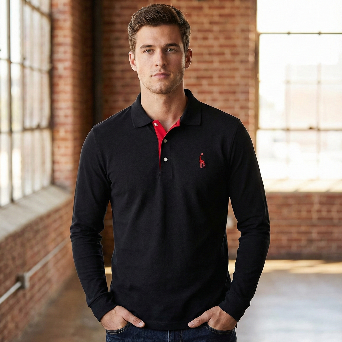 Mens Long Sleeve Polo Shirt with Slim Fit and Button Placket, Machine Washable