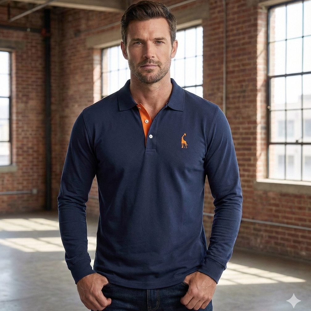 Mens Long Sleeve Polo Shirt with Slim Fit and Button Placket, Machine Washable