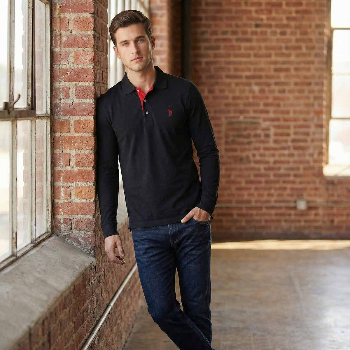 Mens Long Sleeve Polo Shirt with Slim Fit and Button Placket, Machine Washable