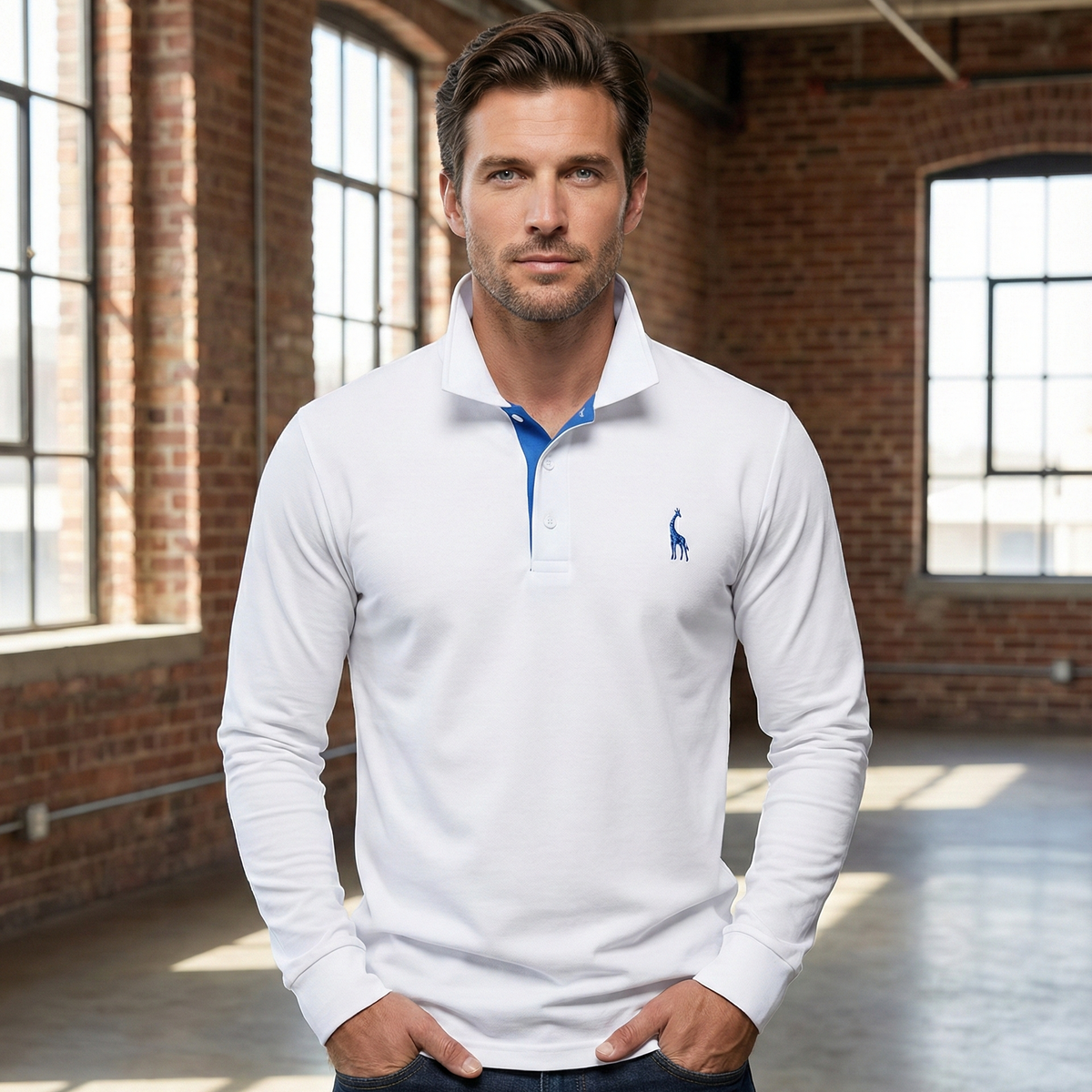 Mens Long Sleeve Polo Shirt with Slim Fit and Button Placket, Machine Washable