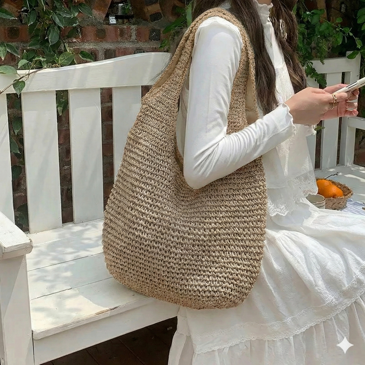 Woven Tote for Women with Curved Silhouette and Long Shoulder Strap, 14 x 5 x 11 in
