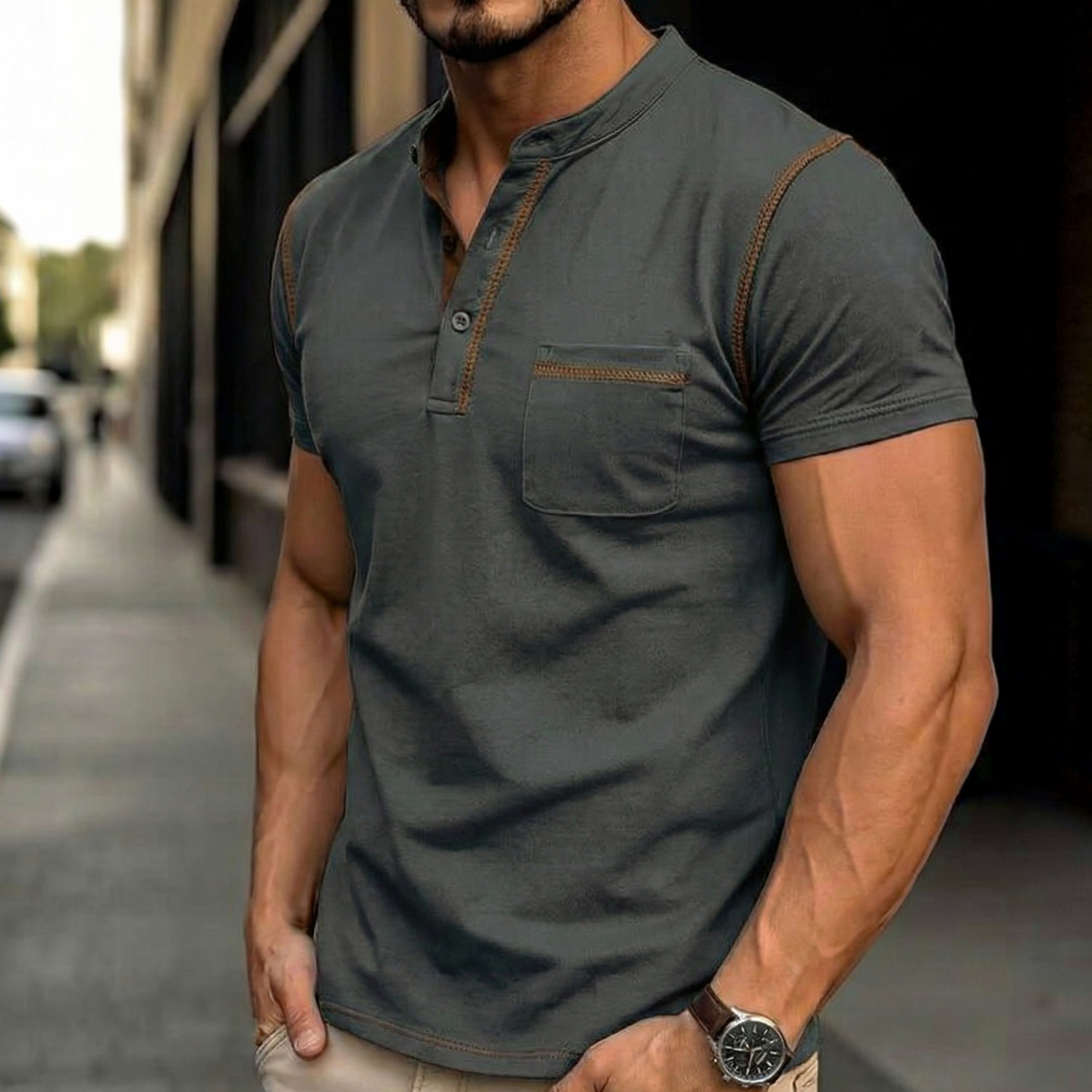 Henley Polo Shirt for Men with Button Placket and Chest Pocket, Breathable Soft Knit