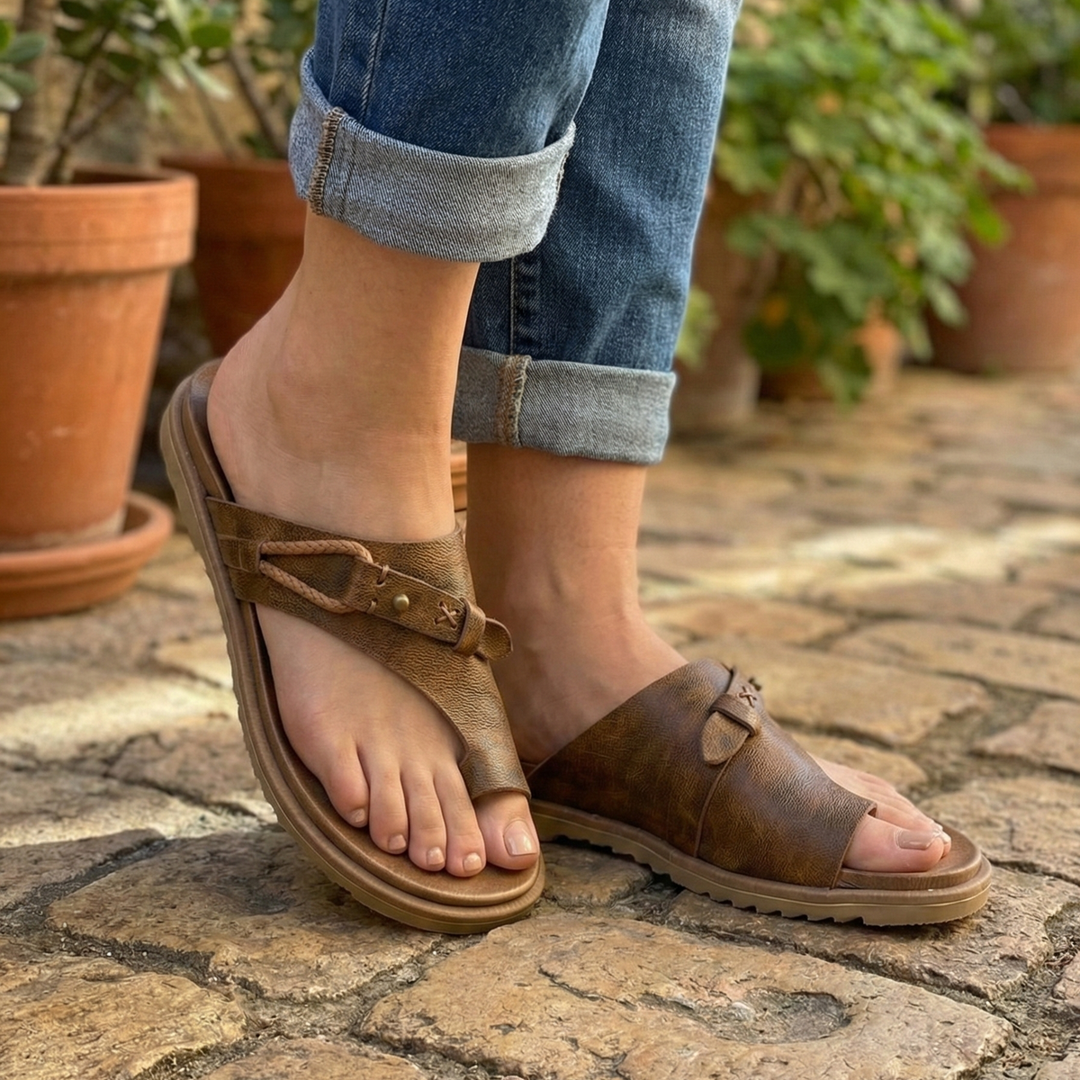 Womens Toe Loop Sandals with Padded Footbed and Flexible Rubber Outsole, Slip on Flat