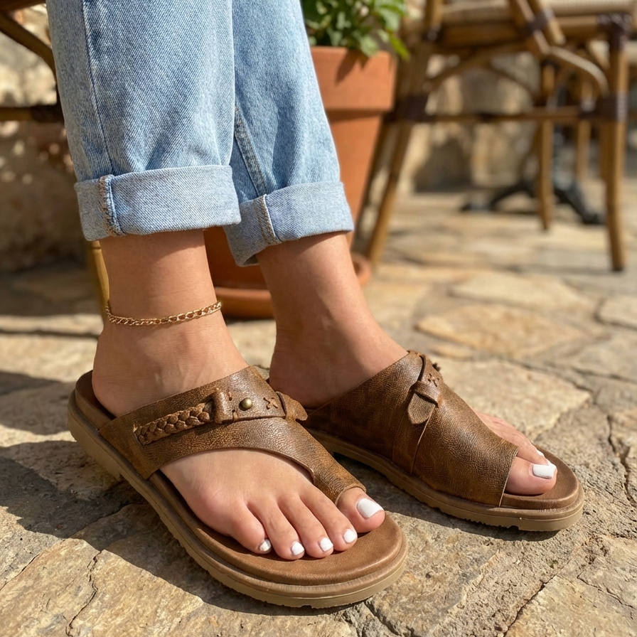 Womens Toe Loop Sandals with Padded Footbed and Flexible Rubber Outsole, Slip on Flat