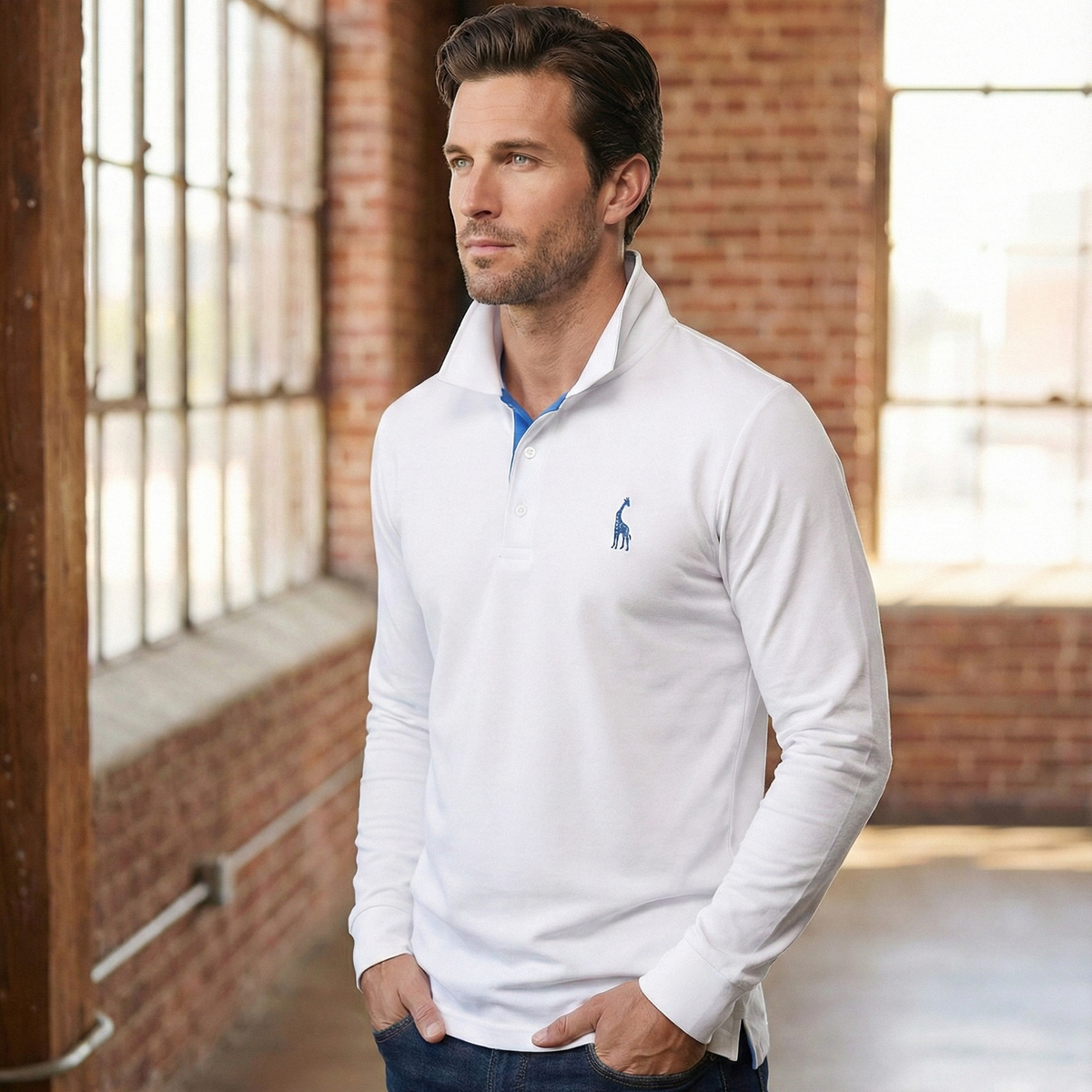 Mens Long Sleeve Polo Shirt with Slim Fit and Button Placket, Machine Washable