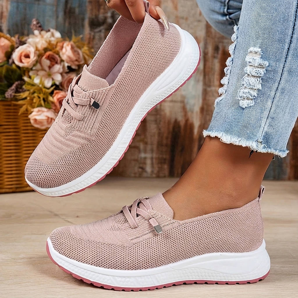 Womens Slip-On Mesh Sneakers with Elastic Lace and Cushioned Sole for Everyday Walking