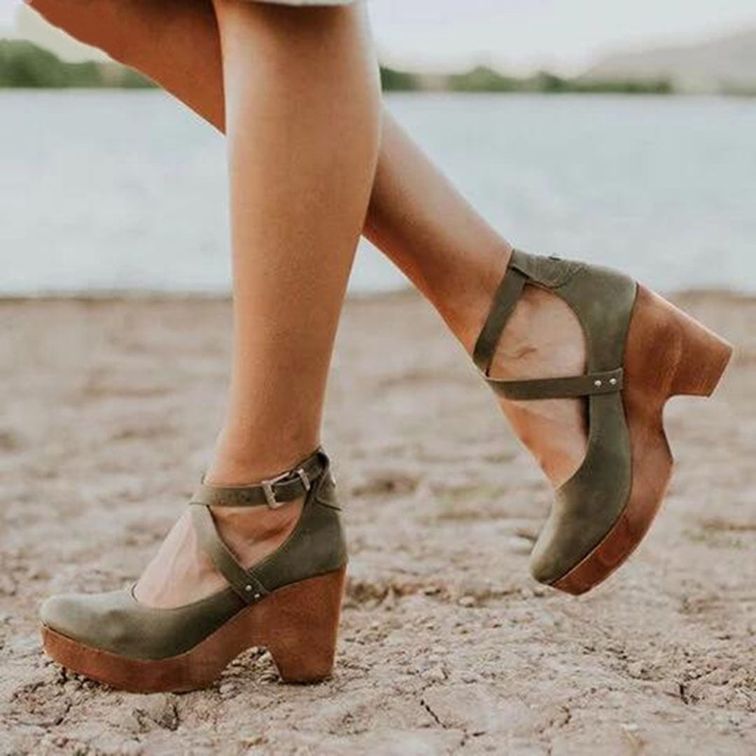 Wedge Heels with Adjustable Ankle Strap and Closed Toe, Cushioned Insole