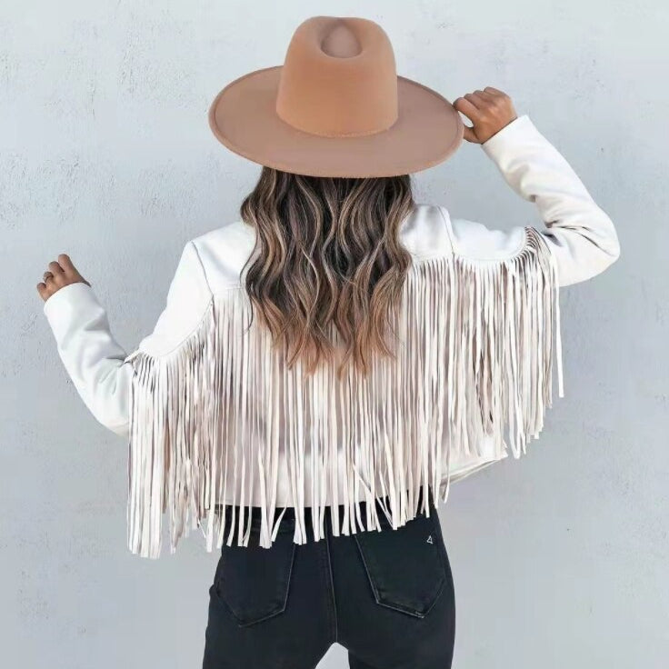 Womens Suede Moto Jacket with Fringe and Tailored Cut, Front Zip