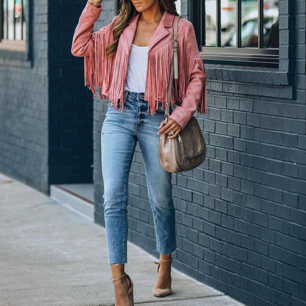 Womens Suede Moto Jacket with Fringe and Tailored Cut, Front Zip