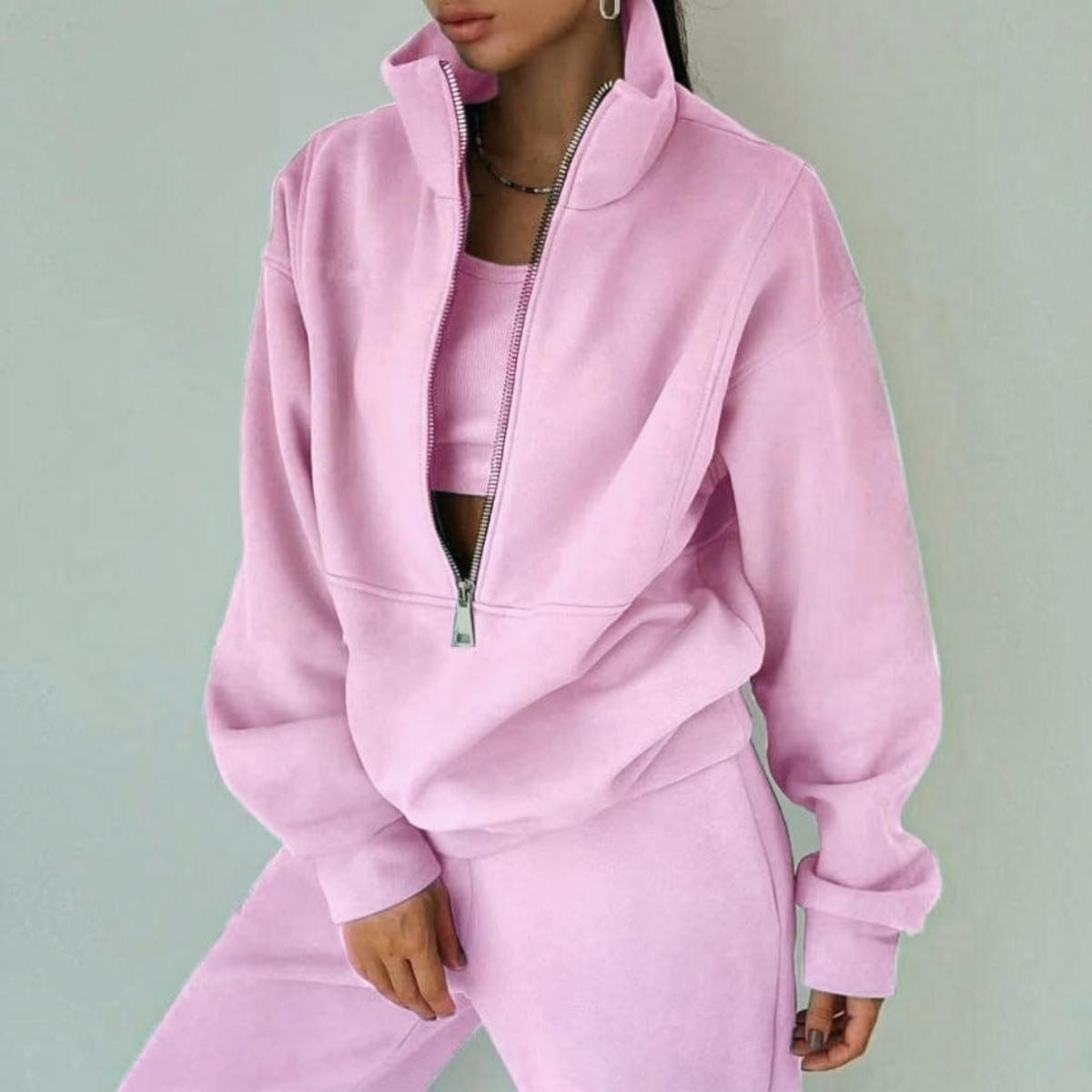 Womens Oversized Loungewear Set with Half-Zip Pullover and High-Waisted Joggers, Knit