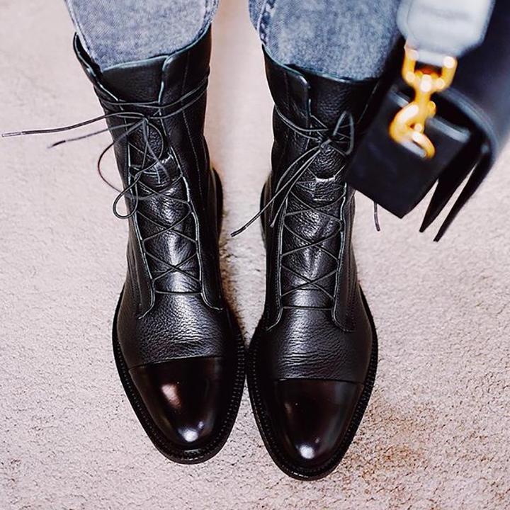 Womens Leather Ankle Boots with Lace-Up Fastening and Removable Insole