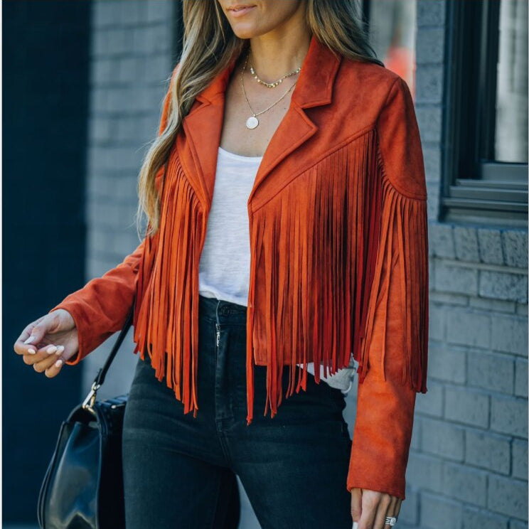 Womens Suede Moto Jacket with Fringe and Tailored Cut, Front Zip